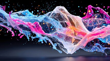 Fototapete - Neon Data Stream, Abstract visualization of data transmission depicted as a flowing liquid in vibrant neon pink and blue vectors, conveying dynamic movement and energy.
