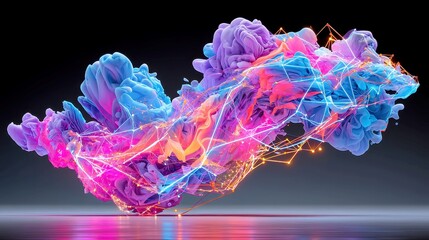 Fototapete - Neon Data Flow, a vibrant abstract visualization capturing the dynamic movement of data through flowing streams of neon pink and blue vectors in an open digital space
