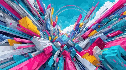 Poster - Glitch Stream Ribbons in Motion, a captivating display of animated geometric patterns in bold cyan and rose, creating a dynamic visual experience in a free-flowing space