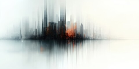 Poster - business data unity concept. Abstract city skyline reflected in serene waters, featuring blurred skyscrapers and a soft color palette.