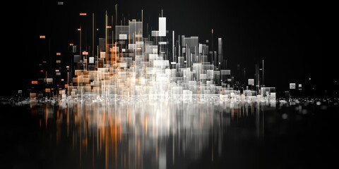 Poster - business data unity concept. Abstract city skyline with reflective surface and glowing elements.