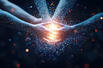 Poster - business data unity concept. Hands forming a glowing connection surrounded by sparkling particles.
