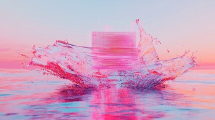 Poster - Vibrant Digital Flow, a dynamic composition of bright data beams and glitching squares, arranged in pop-art symmetry against a minimalist backdrop, emphasizing movement and color.