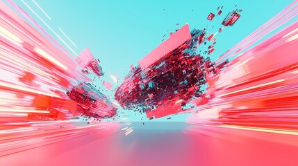 Poster - Vibrant Digital Flow, an abstract composition of dynamic data streams and glitching squares, set against a minimalist backdrop, emphasizing color and symmetry in an explosive visual experience.