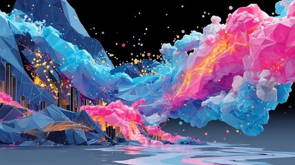 Fototapete - Neon Digital Stream, a vibrant cyberpunk scene featuring flowing pixelated waves in neon pink and electric blue, surrounded by dynamic abstract geometrical shapes.