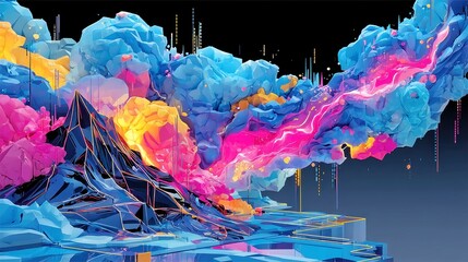 Poster - Neon Dreamscape, a vibrant digital stream cascades with pixelated waves in neon pink and electric blue, intertwined with dynamic abstract geometry in a futuristic landscape.