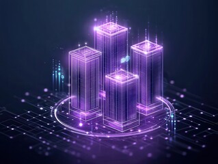 Poster - business data unity concept. Futuristic cityscape with glowing skyscrapers and digital elements.