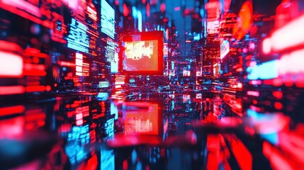 Poster - Neon Data Flow, a vibrant display of flowing neon data, bold graphics, synthetic city reflections, set against a minimalist backdrop with ample free space.