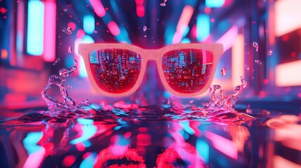 Fototapete - Neon Data Stream, a vibrant display of flowing data in liquid neon hues, bold outlines reflecting a synthetic cityscape, set against a minimalist backdrop with ample free space