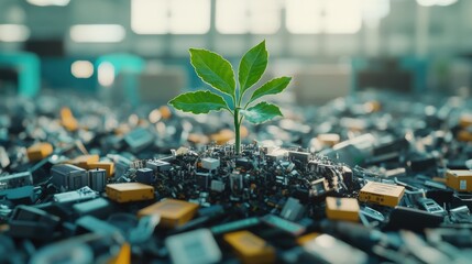 Poster - Young green plant growing amidst electronic circuit boards symbolizing technology and environmental sustainability