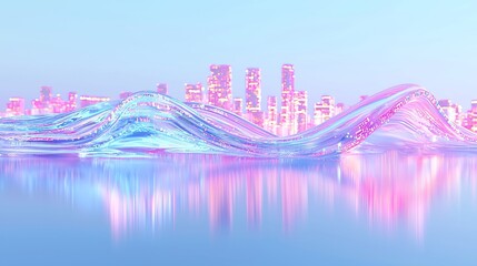 Poster - Neon Data Stream, a vibrant visualization of fluid data in luminous colors, featuring bold outlines and reflections of a futuristic urban landscape.