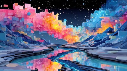 Poster - Glowing Geometric River of Digital Code, a mesmerizing flow of icy blues and pinks against a dark backdrop, creating a captivating visual of technology and abstraction.