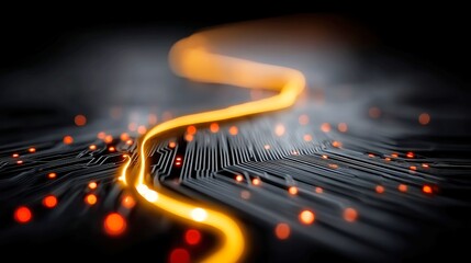 Poster - Neon Circuitry Flow, a vibrant display of glowing paths resembling liquid data traversing a dark void, creating a mesmerizing interplay of light and technology.