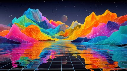 Poster - Neon Glitch Horizon, vibrant ribbons of color undulate above a grid, showcasing dynamic clashes in a mesmerizing display of controlled geometric chaos
