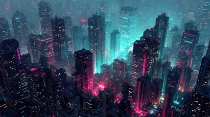 Poster - Neon Glitch Stream in a Digital City, vibrant geometric patterns pulse in cyan and magenta hues, creating a mesmerizing visual experience in a futuristic urban landscape