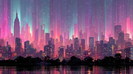 Poster - Neon Glitch Stream, a vibrant digital cityscape where sharp geometric patterns pulse in bright cyan and magenta, creating an electrifying atmosphere of urban energy.