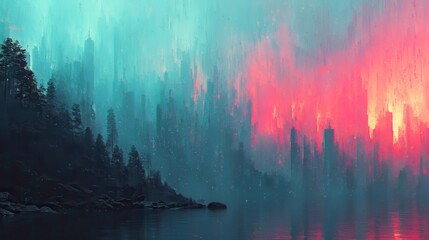 Poster - Neon Glitch Stream in Digital Cityscape, vibrant geometric patterns illuminate the urban landscape in striking cyan and magenta hues, creating a futuristic ambiance.