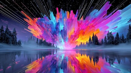 Poster - Neon Glitch Stream, a vibrant digital river slicing through a towering monolith, dynamic velocity trails evoke vaporwave aesthetics and a sense of movement.