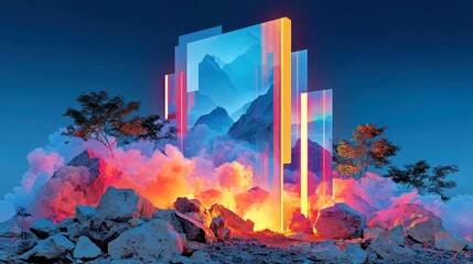 Poster - Neon Glitch Stream, a vibrant digital river cutting through a towering monolith, infused with kinetic energy, trails of light, and a captivating vaporwave aesthetic