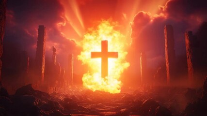 Wall Mural - Cross silhouette with fiery explosion and glowing light rays in dark rocky landscape with tall stone pillars and dramatic cloudy sky creating powerful spiritual atmosphere