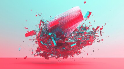 Fototapete - Glowing Data Stream with Geometric Prisms, vibrant digital artwork featuring a luminous data flow fragmented into prisms, enhanced by glitch distortion in a minimalist setting