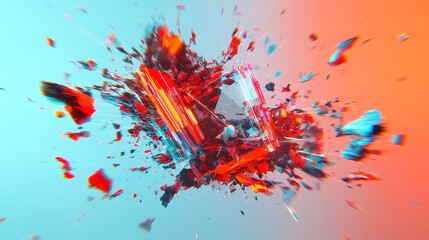 Fototapete - Glowing Data Stream with Geometric Prisms, a sleek digital artwork depicting vibrant data flowing into sharp shapes, enhanced by glitch effects against a minimalist backdrop