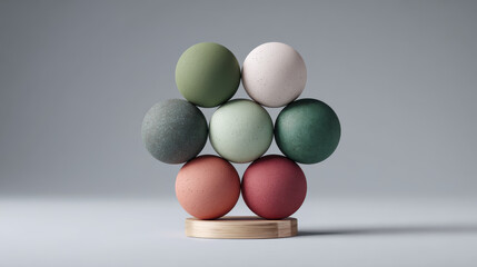 Poster - Stack of colorful pastel and earthy-toned marbled spheres arranged in a balanced tower on a light gray background with minimalist aesthetic