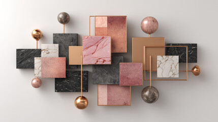 Poster - Abstract geometric composition with marble, metal, and textured stone spheres and cubes in shades of pink gold black and gray modern interior decor art piece