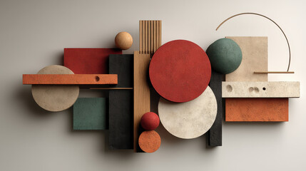 Poster - Geometric Abstract Art Composition with Colorful Circles, Rectangles, and Textured Shapes on Neutral Background for Modern Minimalist Design
