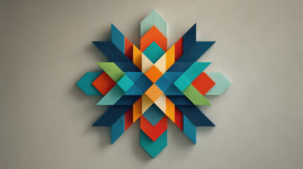 Poster - Geometric wall art sculpture with 3D colorful diamond shapes arranged in a symmetrical pattern on a plain background for modern art decoration and interior design