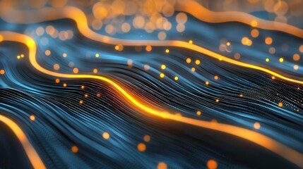 Poster - business developmen concept. Abstract wave patterns with glowing lights in blue and orange tones create a dynamic visual effect.