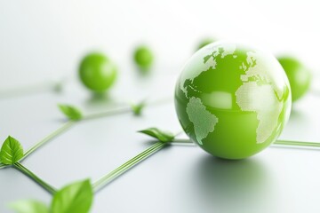 Poster - business developmen concept. Green globe surrounded by leaves and spheres, symbolizing sustainability and environmental awareness.