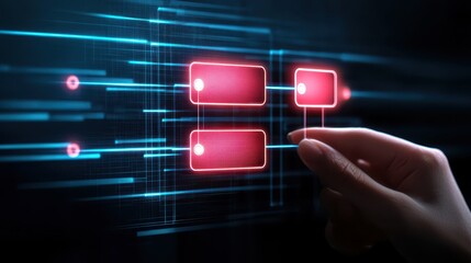 Aufkleber - business developmen concept. Digital hand interacting with a glowing network interface and red data blocks.