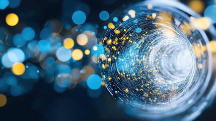 Poster - business developmen concept. Swirling lights create a mesmerizing abstract background of blue and yellow bokeh circles.