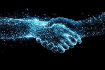 Poster - business developmen concept. Digital handshake symbolizing collaboration and connection in a tech-driven world.