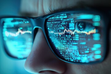 Aufkleber - business developmen concept. Close-up of a person wearing glasses reflecting digital data and graphs.
