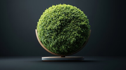 Poster - Modern spherical decorative plant sculpture with lush green foliage on a dark background for interior design