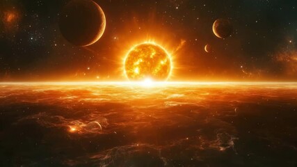 Wall Mural - Bright glowing sun rising over fiery orange planet surface with glowing planets and stars in dark space, creating dramatic cosmic celestial scene of universe and astronomy