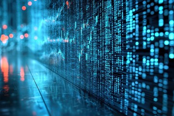 Aufkleber - business developmen concept. Futuristic digital representation with glowing data patterns and reflections.