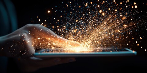 Poster - business developmen concept. A hand touches a tablet, emitting bright sparks and light, symbolizing innovation and technology.