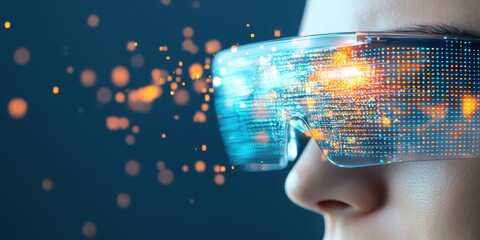 Poster - business developmen concept. Futuristic glasses with digital effects highlighting technology and innovation.