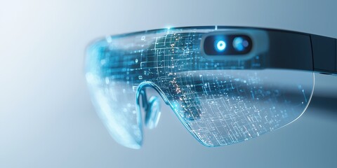 Poster - business developmen concept. Futuristic augmented reality glasses with a digital interface design.