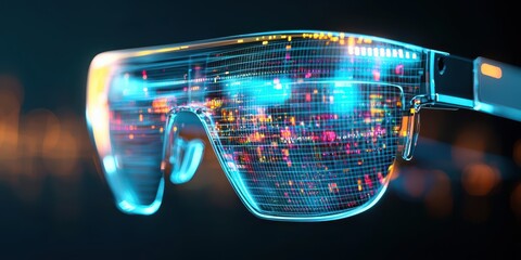 Poster - business developmen concept. Futuristic glasses with a digital display reflecting vibrant lights.
