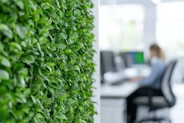 Poster - business developmen concept. Lush green wall adds a natural touch to a modern office workspace.