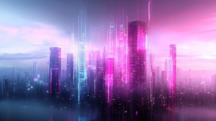 Poster - business developmen concept. Abstract futuristic cityscape with vibrant colors and tall structures.