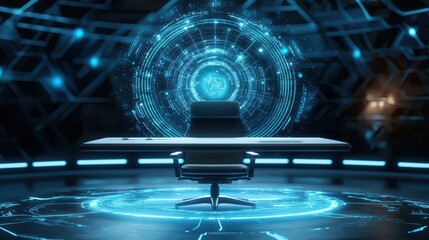 Aufkleber - business developmen concept. Futuristic workspace with digital interface and sleek chair.