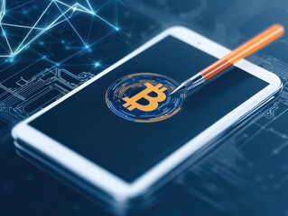 Aufkleber - business developmen concept. Smartphone displaying Bitcoin symbol and digital network elements in a tech-inspired setting.
