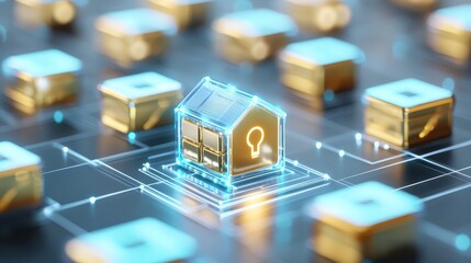 Aufkleber - business developmen concept. Digital illustration of a secure house surrounded by glowing data blocks.