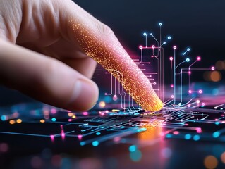 Aufkleber - business developmen concept. A hand interacts with a digital network, showcasing technology and connectivity.