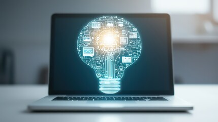 Aufkleber - business developmen concept. A laptop displays a lightbulb graphic made of technology elements, symbolizing innovation.